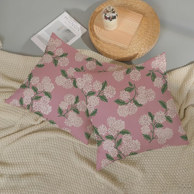 Pink Pillow Covers 18x18 Inch 2 Pcs Preppy Pink Green Hydrangea Flower Decor Throw Pillows Vintage Floral Seasonal Spring Summer Outdoor Decoration Pillowcase Linen Cushion Cover for Couch Sofa