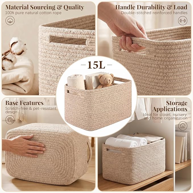 OIASKET 4Packs Natural Cotton Rope Storage Baskets for Organizing Toys, Clothes, Towels & Books, Soft Versatile Organizers for Shelves, Home Decorative Bins, 13''Lx9''Wx7.8''H, Brown