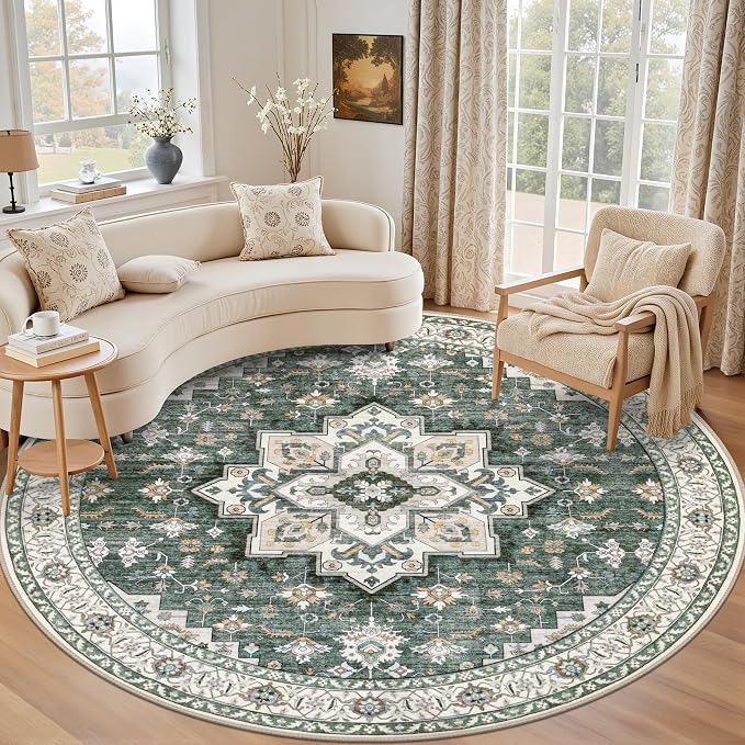 Round Area Rug for Living Room: 6ft Boho Washable Rug Green Ivory | Vintage Boho Soft Round Rug Indoor Floor No Slip Carpet Stain Resistant Rugs for Bedroom Dining Room Nursery Home Office