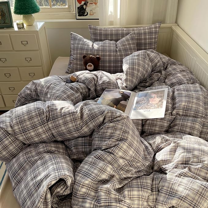 mixinni Full Duvet Cover Set - 3 Piece Vintage Buffalo Plaid Bedding, 100% Washed Cotton Duvet Cover with 2 Pillowcases, Soft & Breathable Navy Beige White Geometric Grid Pattern for All Seasons