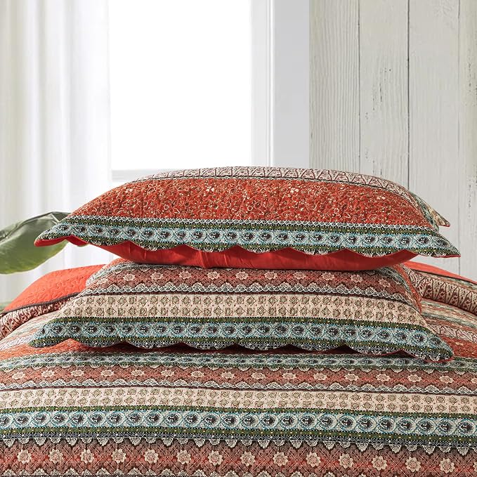 Cotton Bedspread Quilt Sets - Reversible Patchwork Coverlet Set, Red Striped Jacquard Pattern, Oversized King Size