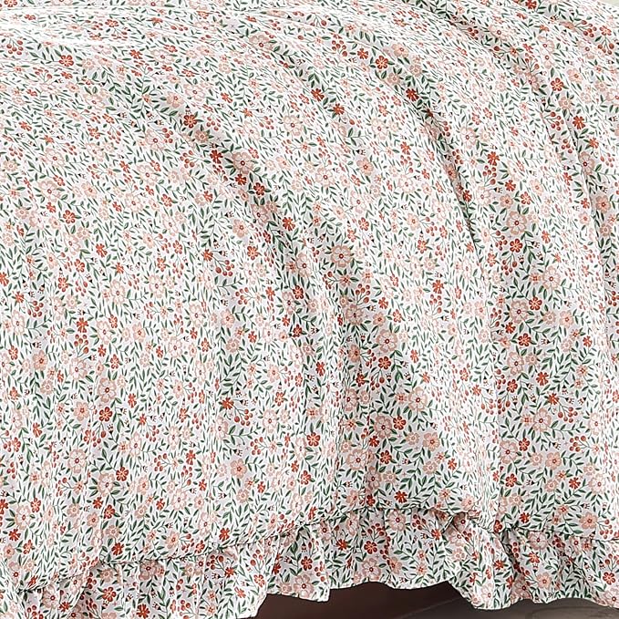King Size Comforter Set-7 Pieces Floral Ruffle Bedding Set | Pink Ditzy Bed in a Bag, Soft Lightweight All Season Farmhouse King Size Bedding Sets with Sheets, Pillowcases & Shams