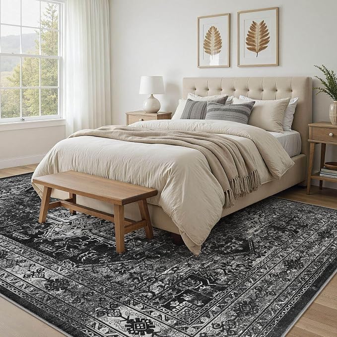 UERMEI 8x10 Area Rug Living Room Rugs - Washable Vintage Soft Large Rug Indoor Floor No Slip Rug Carpet for Bedroom Farmhouse Under Dining Table Home Office Decor - Black