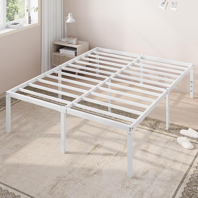 Allewie Queen Bed Frame, 18 Inch Metal Beds with Storage Space, White | Heavy-Duty Metal Platform Beds, Large Under-Bed Storage Space, No Box Spring Needed, Easy Assembly