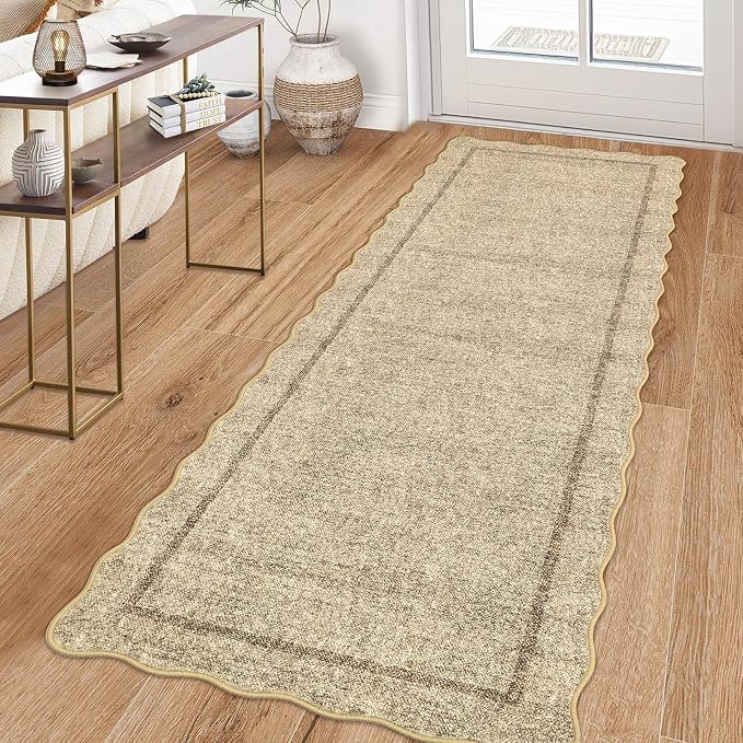 GarveeHome Scalloped Washable 2x6 ft Modern Kitchen Runner Rug Non Slip | Farmhouse Entryway Rug Soft Bathroom Rugs Stain Resistant Carpet for Laundry Bedroom 2 ft x6 ft Jute