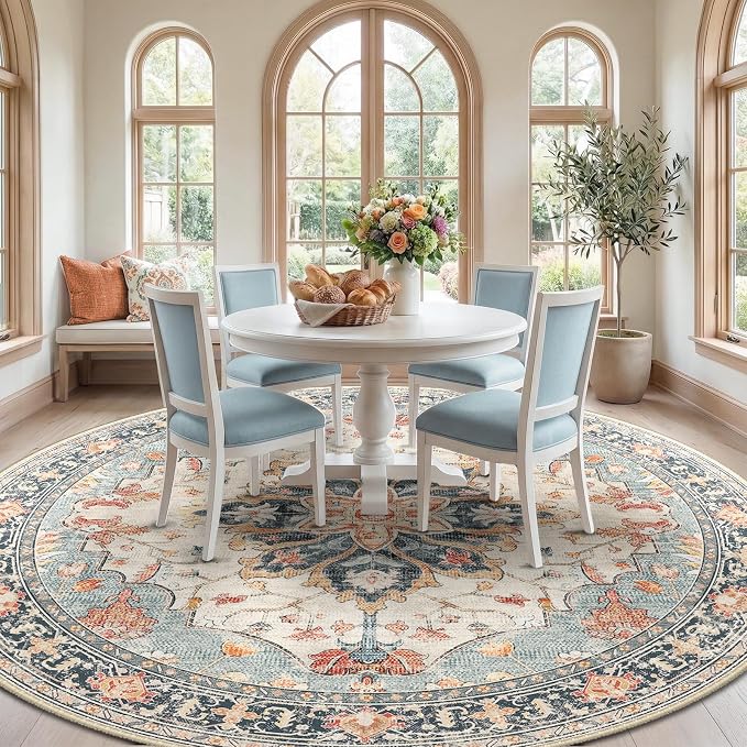 RELEANY Washable Area Rug, Round 8ft, Beige/Blue/Orange | Non-Slip, Water Repellent, Pet Friendly, Easy to Clean, Vintage Floral Boho Decor for Living Room Bedroom Dining Room