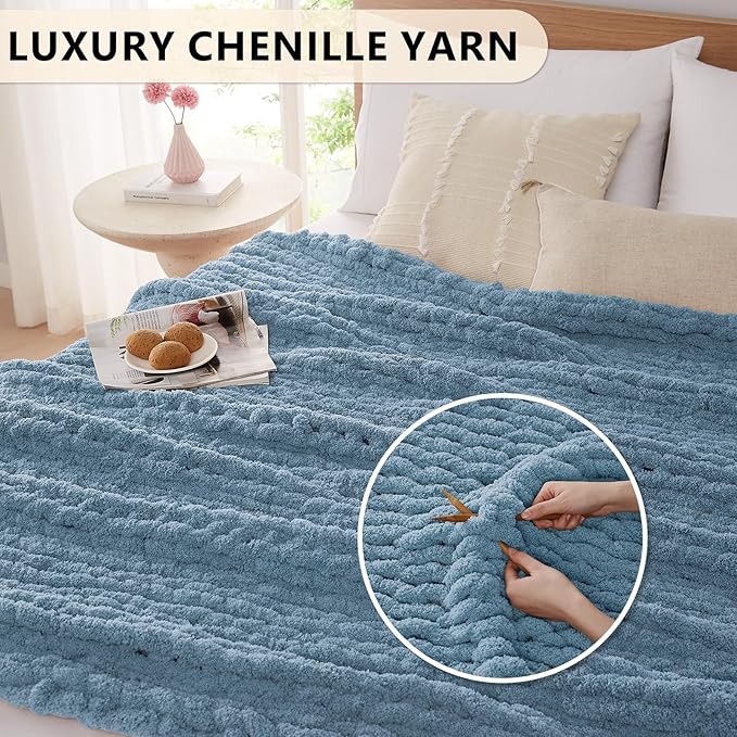 L'AGRATY Chunky Knit Throw Blanket for Couch, 60 x 80 Inches, Airy Blue | Handmade Chenille Crochet Blanket for Sofa Bed, Thick Cable Knitted Blankets for Room Home Decor, Birthday Gift for Women Mom