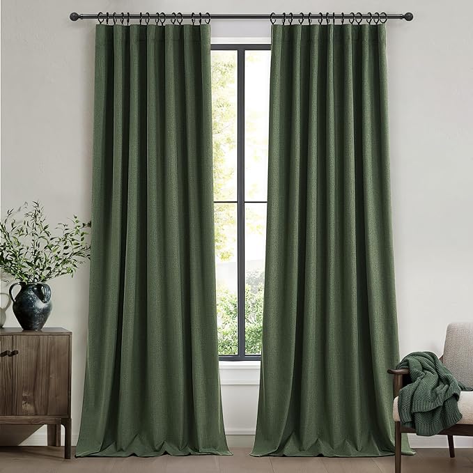 QJmydeco Privacy Curtains for Room Divider, Luxury Curtains for Living/Bedroom 100 Inch Long Dark Academia Olive Green Blackout Drapes Insulated Heavy Linen Burg for Track System(W50 xL100 2 Panels)