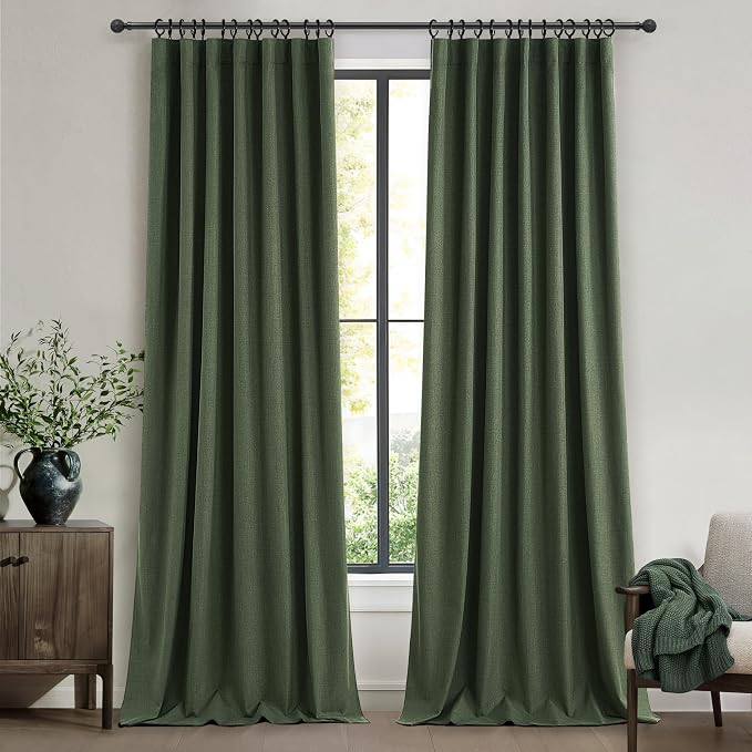 QJmydeco Dark Green Curtains 84 Inches Long, Blackout Spring Curtains for Living Room Cooling Heat Reflective Linen Look Vintage Drapes for Bedroom Back Tab Pleated (Olive,2Panels W50 xL84)
