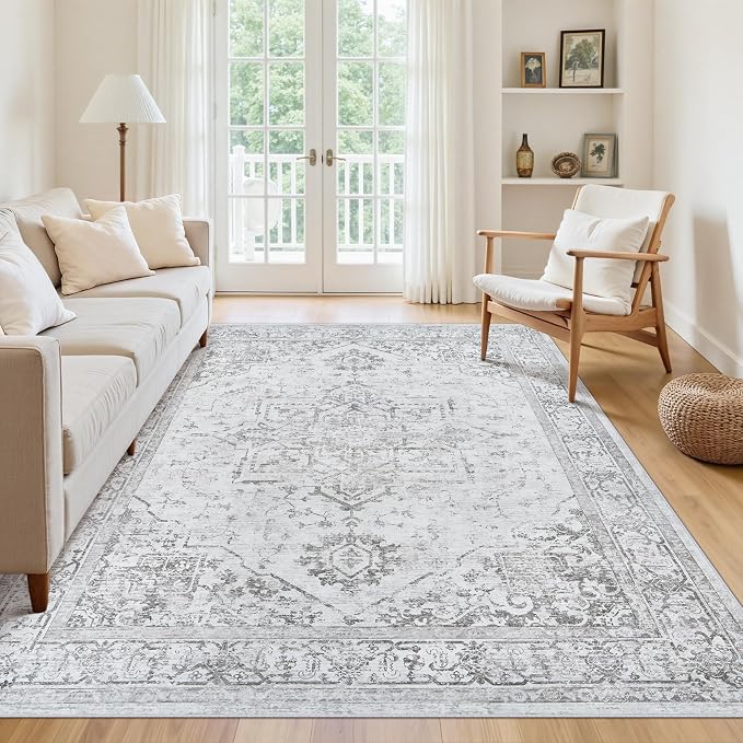 5x7 Washable Area Rugs for Bedroom Grey Non-Slip Rug | Vintage Medallion Rug，Soft Low Pile Large Rugs，Indoor Retro Carpet for Bedroom Nursery Dining Table Farmhouse Home Office