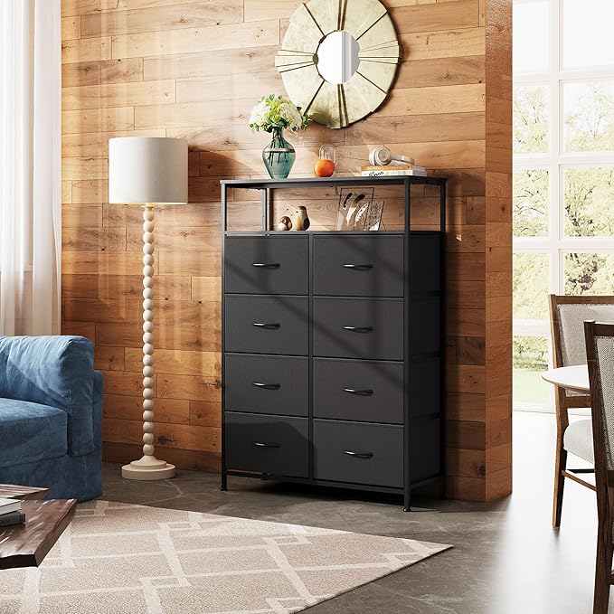 WLIVE 8 Drawer Black Fabric Dresser Open Shelves, Tall Storage Tower | Black fabric drawers plus open shelves, steel frame with wood top, great for bedroom closet entryway and dorm storage