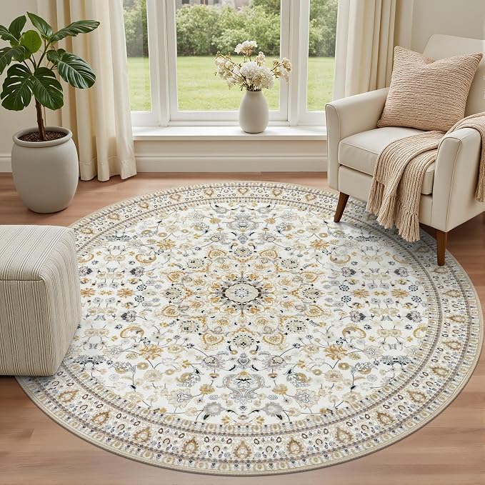 Round Area Rug for Living Room: 8ft Washable Rug for Bedroom Beige | Vintage Boho Soft Round Rug Indoor Floor No Slip Carpet Stain Resistant Rugs for Bedroom Dining Room Nursery Home Office