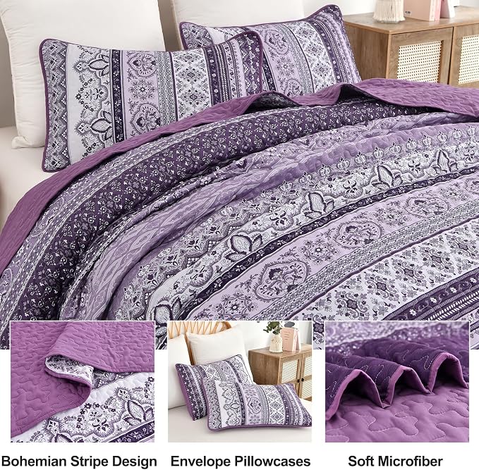 WONGS BEDDING Boho Quilt Queen Size,3 Pcs Purple Bedspread Bedding Set | Colorful Bohemian Striped Printed Bedding for All Season, Lightweight Microfiber Coverlet Set with 2 Pillowcases(96"x90")