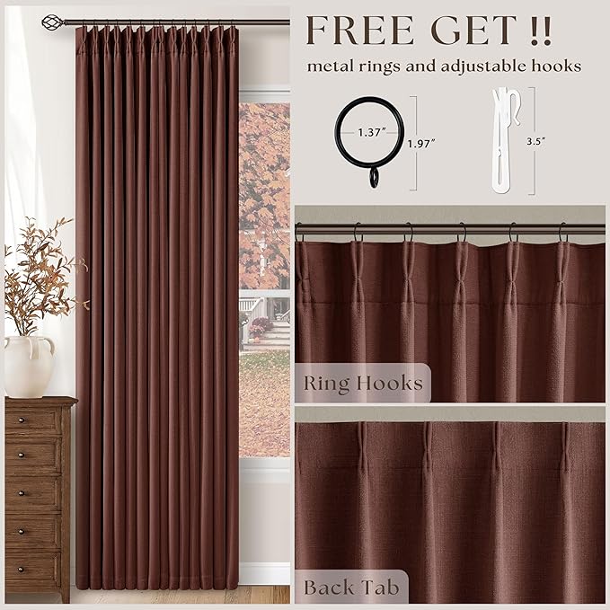 Brown Red Pinch Pleated Blackout Curtains 102 Inches Long for Bedroom | 100% Black Out, Thick Linen Dual Layer, Pinch Pleat Drapes, Farmhouse Country, Terracotta Maroon, for Dining Living Room