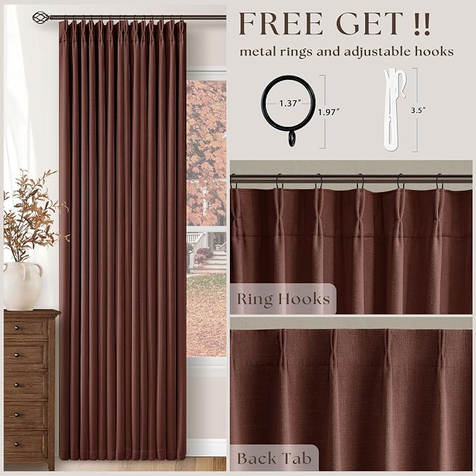 TWODRAPES Red Brown 80 Inch Pinch Pleated Black Out Curtains 2 Panel Set | Pinch Pleat Linen Drapes with Liner, 100% Blackout Light Blocking, Energy Saving Curtain for Dining Living Room Bedroom