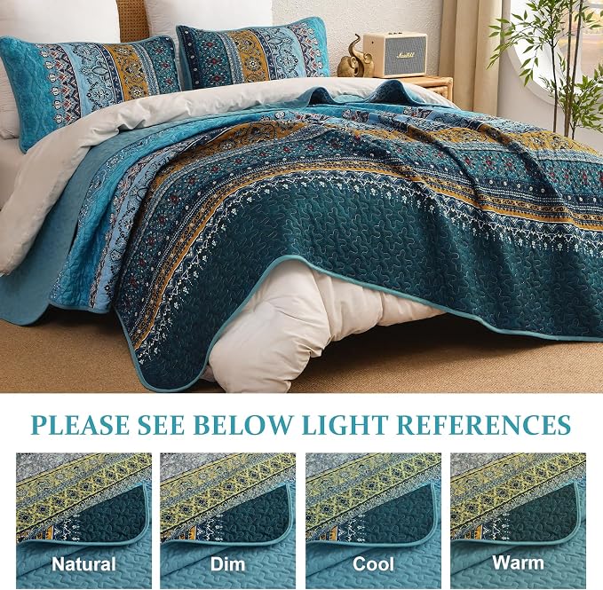 WONGS BEDDING Bohemian Queen Size,3 Pieces Soft Blue Bedspread Set | Boho Striped Printed Quilts Bedspread Set for All Seasons, Lightweight Microfiber Coverlet Set with Shams(96"x90")