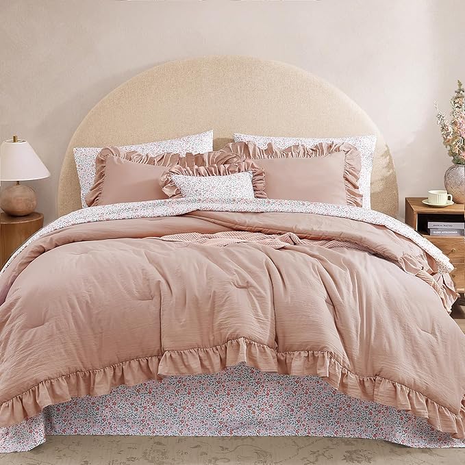 King Size Comforter Set-7 Pieces Ruffle Bedding Floral Sheet | Pink Bed in a Bag, Soft Lightweight All Season Farmhouse King Size Bedding Sets with Floral Sheets, Pillowcases & Shams