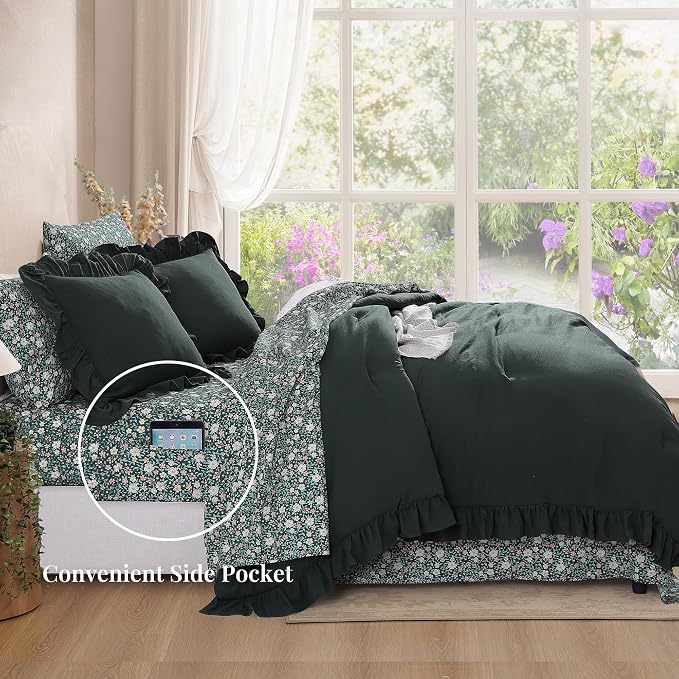 King Size Comforter Set-7 Pieces Ruffle Bedding Floral Sheet | Green Bed in a Bag, Soft Lightweight All Season Farmhouse King Size Bedding Sets with Floral Sheets, Pillowcases & Shams