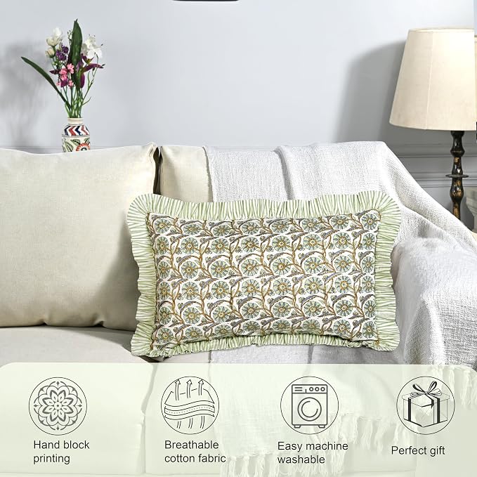 Ridhi Block Print Bloom Bubbles Ruffle Lumbar Pillow Shams, 36" x 14" Set-1 | 100% cotton, Floral Pillowcase, Cushion Cover, Hidden Zipper, Cottagecore Bedding, farmhouse boho style, fits couch, sofa,Bed
