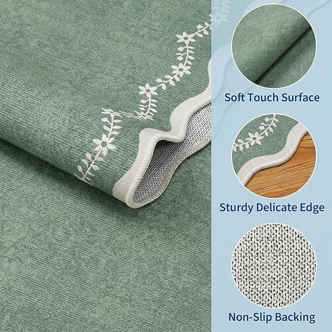 GarveeHome 5x7 Scalloped Area Rug Sage Green Washable Living Room Rug | Soft Floral Low Pile Non Slip Accent Floor Mat Solid Print Throw Rug Indoor Carpet for Bedroom Dining Room Dorm Playroom