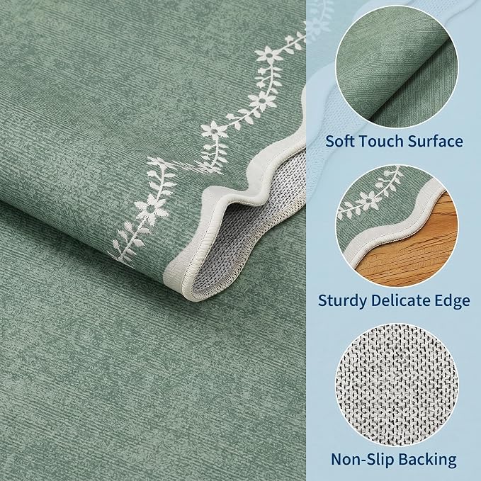 GarveeHome Round Rugs 6ft Scalloped Washable Circle Rug for Dining Room | Soft Sage Green Non Slip Floral Print Floor Mat Carpet Indoor Thin Tent Rug for Kids Bedroom Playroom Nursery Entryway