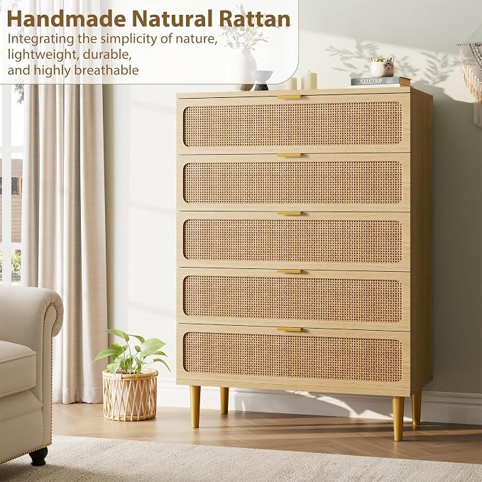 GarveeHome Rattan 5 Drawer Dressers for Bedroom, Deep Drawer, Natural | Tall Dresser, Wide Top, for Living Room, Hallway, Kids Room, Large Chest of Drawers for Closet, Long Wooden Dresser