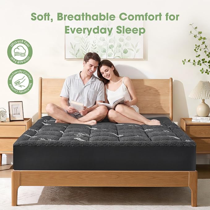 Mattress Pad Twin Size, Cooling Pillow Top Mattress Topper, Ultra Soft Viscose from Bamboo, Breathable for Hot Sleepers, Deep Pocket 8"-20", Black