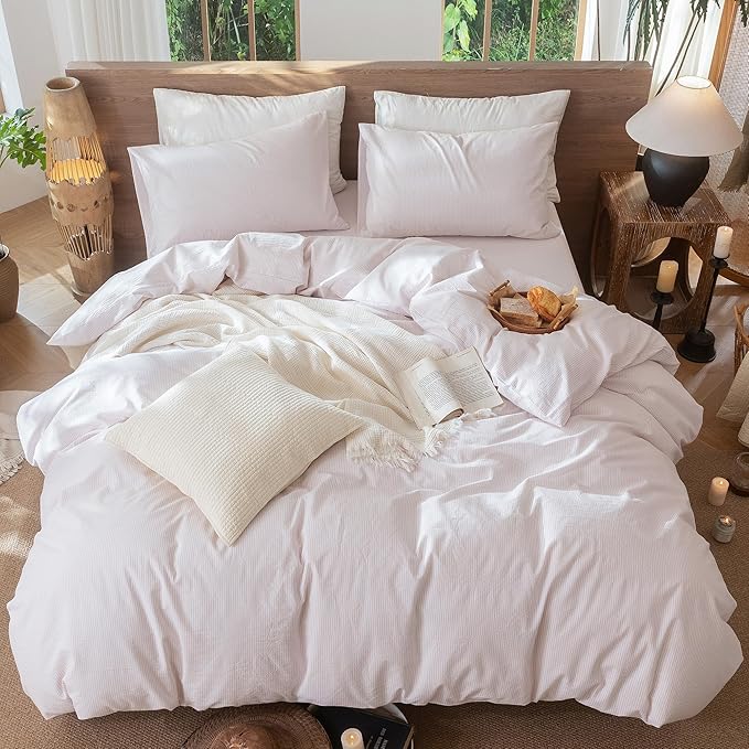 MooMee Striped Duvet Cover Set 100% Washed Cotton Linen Like Cal King | Relaxed Linen-like Texture. Soft, Breathable & Long-lasting Comfort. Lightweight. Hidden Zipper with 8 Interior Corner Ties
