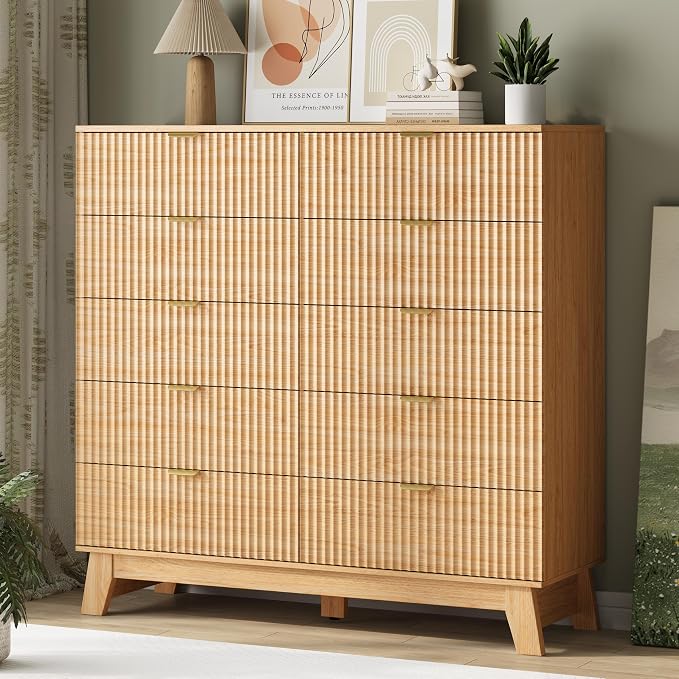Fluted Dresser for Bedroom with 10 Drawers, 48" Wide Modern Chest of Drawers with Metal Handle, Wooden Dresser TV Stand, Wood Closet Clothes Storage Organizer for Living Room, Hallway, Natural Oak
