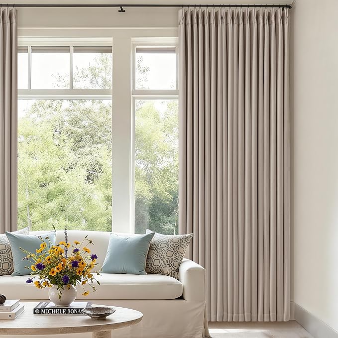 Burlywood Greige Pinch Pleated 100% Blackout Linen Curtains 86 Inch Length | Pinch Pleat Curtains, Black Out, Light Blocking, Room Darkening Drapes with Liner, for Bedroom Living Room Window, 2 Panels