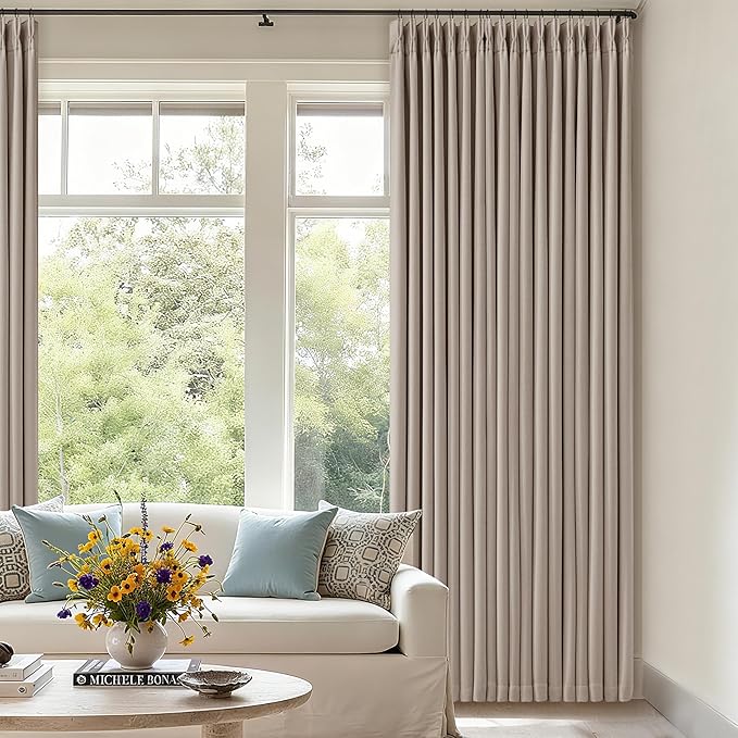 70 Inch Wide Blackout Curtains 90 Inches Long Pinch Pleated Burlywood Birch | Memory Trained, Linen Textured Two Layer, Thermal Insulated, Extra Wide Drapes for Bedroom Living Room Sliding Door, 1 Panel