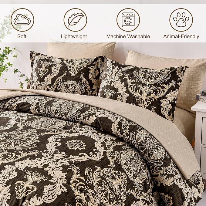 WONGS BEDDING 7 Pieces Comforter Set King Size,Damask Texture Design Bed in a Bag Bedding Sets,Brown Soft Lightweight Microfiber Bedding Set for All Season