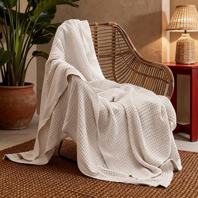 Bedsure 100% Cotton Throw Blanket for Couch, Waffle Weave, Beige, 50"x70" | Breathable, Soft, Cozy, Cooling, Waffle Texture, Summer Blanket, Gifts for Women, Machine Washable, All Seasons