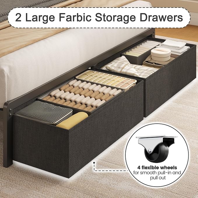 Fluest Queen Bed Frame with 2 Drawers, Upholstered Headboard with Storage and Charging Station, LED Lights, Fabric Drawers with Wheels, Under Bed Storage, No Box Spring Needed, Easy Assembly, Black