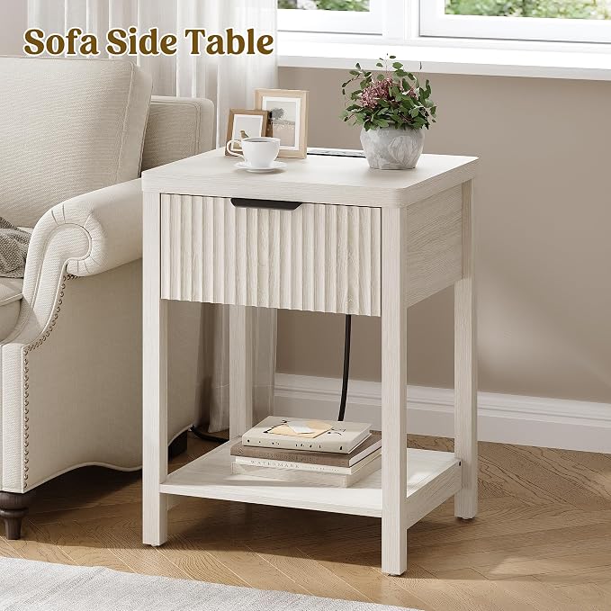 Night Stand Set 2, Fluted Wood Nightstands w/Charging Station for Bedroom | Grey White, Storage Drawer, Open Shelf, Metal Silent Rails, Round Corners, Modern Fluted Panel, Living Room, Bedside Table
