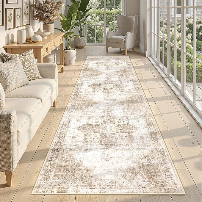 Runner Rug 2x8 Washable Rug, Vintage Boho Medallion Hallway Runner Non-Slip Soft Low Pile Distressed Floor Carpet Retro Doormat for Kitchen Bedroom Laundry Entryway Bathroom (Brown, 2'x8')