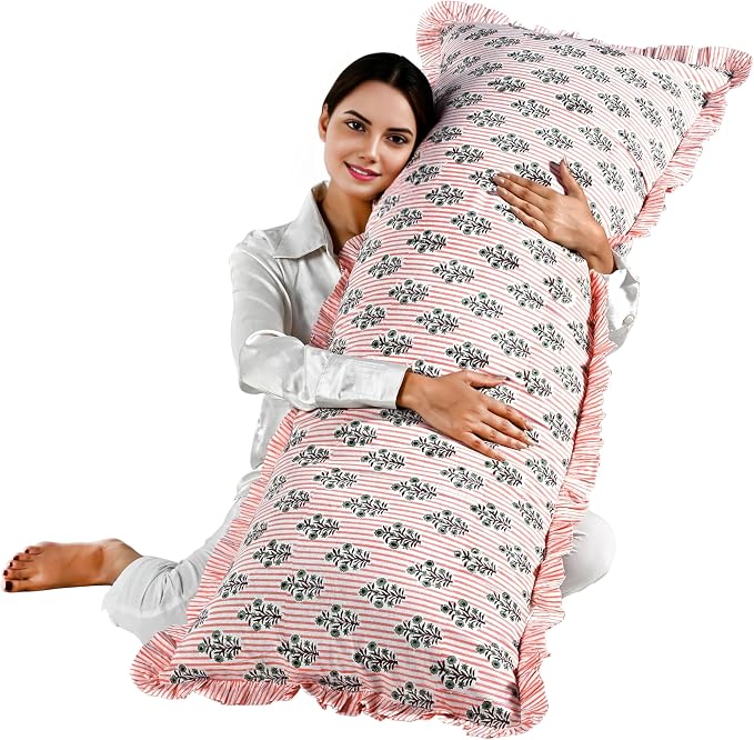 Ridhi Block Print Salmon Blossom Ruffle Lumbar Pillow Shams, 20" x 54" | 100% cotton, Floral Pillowcase, Cushion Cover, Hidden Zipper, Cottagecore Bedding, farmhouse boho style, fits couch, sofa,Bed