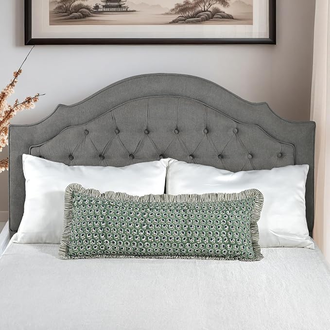 Ridhi Block Print Basil Green Ruffle Lumbar Pillow Shams, 36" x 14" | 100% cotton, Floral Pillowcase, Cushion Cover, Hidden Zipper, Cottagecore Bedding, farmhouse boho style, fits couch, sofa,Bed