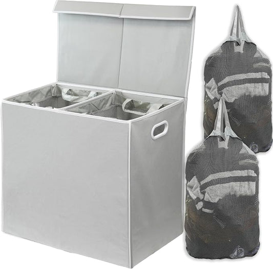 Simple Houseware Double Laundry Hamper with Lid & Removable Bags, Grey | with Handles for Bedroom, Laundry Room, Bathroom