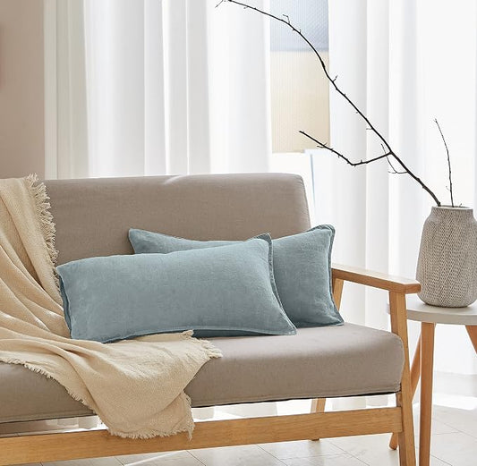 Simple&Opulence 100% Linen Lumbar Pillow Cover 12 x 20 Inches Set of 2 Rectangular Decorative Throw Cushion Cover for Couch Sofa Bed Living Room Office Soft Breathable Farmhouse - Dusty Blue