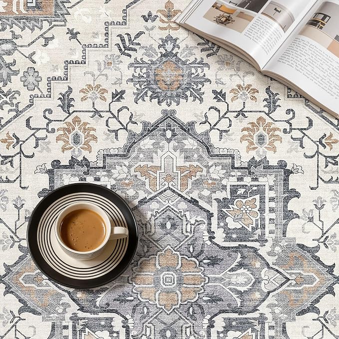 UERMEI 10x12 Area Rug Living Room Rugs - Washable Vintage Soft Large Rug Indoor Floor No Slip Rug Carpet for Bedroom Farmhouse Under Dining Table Home Office Decor - Grey-Orange