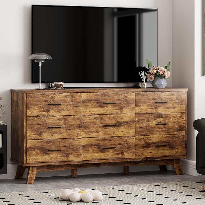 Xixini Dresser for Bedroom, 9 Drawer Wide Modern Chest of Drawers with X-Shaped Sturdy Base, Wood Double Dresser Closet Clothes Storage Organizer, Wooden TV Stand for Living Room, Hallway, Brown