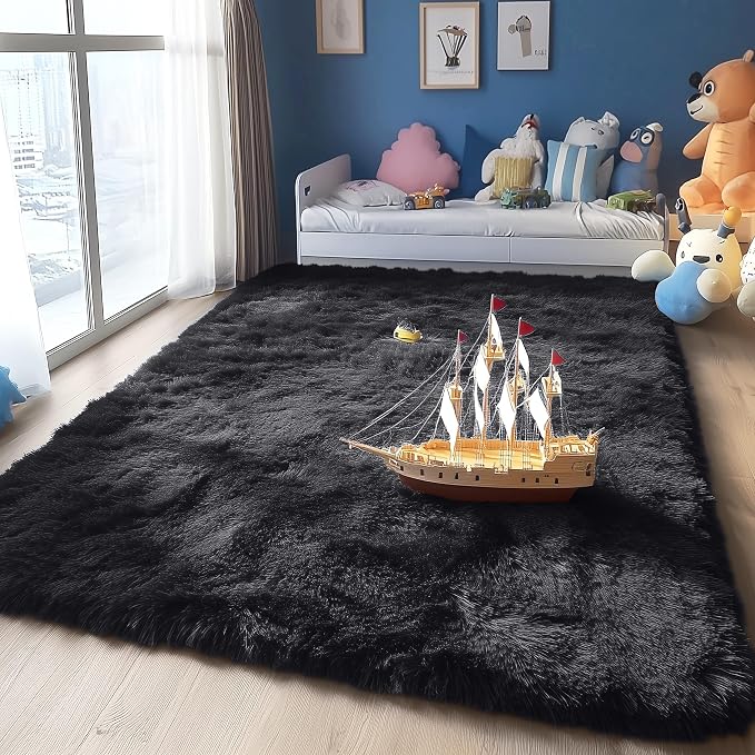 OLANLY 5x10 Machine Washable Large Area Rugs for Living Room, Bedroom, Soft Fluffy Shaggy Bedside Rug, Indoor Floor Carpet for Kids Girls and Boys, Dorms, Nursery, Home Decor Aesthetic, Black