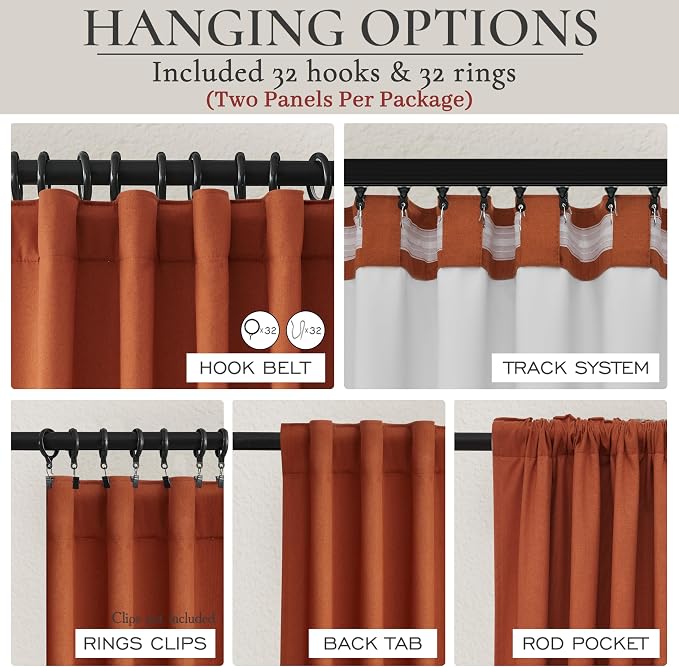 Fall Burnt Orange Curtains Blackout 102 Inches Long 2 Panels Set,Terracotta Autumn Color Decor Retro for Living Room/Bedroom Antique Copper Rust Boho 70s Window Pleated Linen Drapes (W50"xL102")