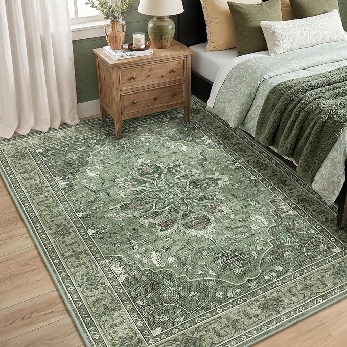 RELEANY Washable Area Rug, 5'x7', Green/Dark Green/Gray | Non-Slip, Water Repellent, Pet Friendly, Easy to Clean, Vintage Floral Boho Decor for Living Room Bedroom Dining Room Office