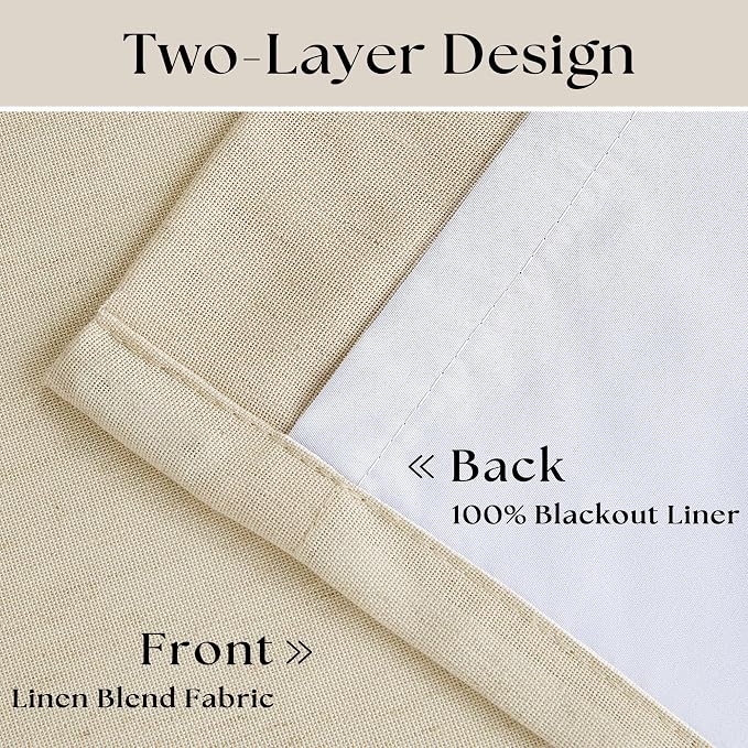Cream Beige Pleated Black Out Linen 45 Inch Curtains with Liner 2 Panels | 100% Blackout, Memory Trained Pinch Pleat, Thermal Insulated, Noise Reduce, Short Curtains 2 Layers for Kitchen Small Window