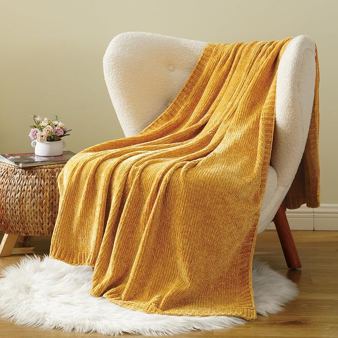 Mustard Yellow Throw Blanket for Couch, Chenille Throw Blanket 51"x67" | Shiny Chenille Blanket, Cozy Brethable Knit Throw Blanket, Fall Mustard Blanket for Bed Sofa Home Decor