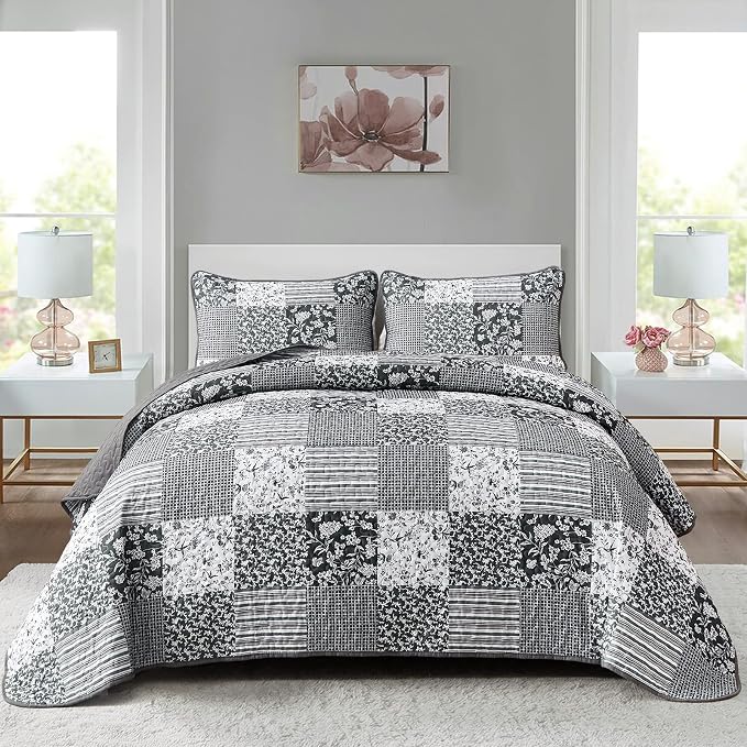 Mybedsoul Quilt California King Size, Patchwork Bedding Set, Black Grey | Soft Lightweight Microfiber Floral Boho Coverlet Set, 3 Pieces Plaid Bedspread, Bed Sets for All Seasons 110"x96"