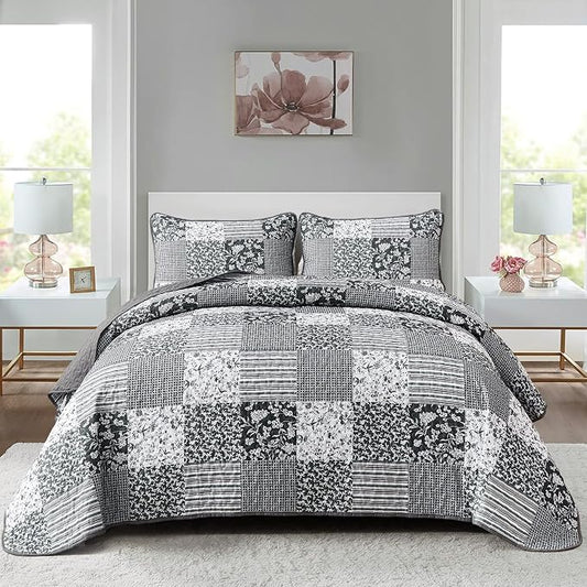 Mybedsoul Quilt California King Size, Patchwork Bedding Set, Black Grey | Soft Lightweight Microfiber Floral Boho Coverlet Set, 3 Pieces Plaid Bedspread, Bed Sets for All Seasons 110"x96"