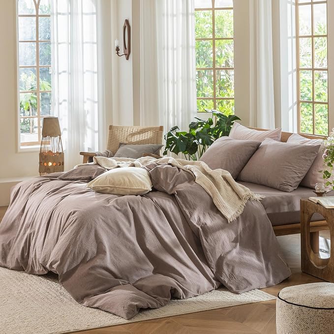 MooMee Duvet Cover Set 100% Washed Cotton Linen Like Alaska King | Relaxed Linen-like Texture. Soft, Breathable & Long-lasting Comfort. Lightweight. Hidden Zipper with 8 Interior Corner Ties